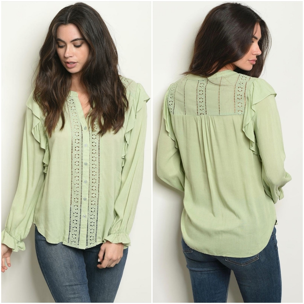 LAST 1❗️Boho Chic Sage Crochet Ruffle Long Sleeves Top - Picture 6 of 6